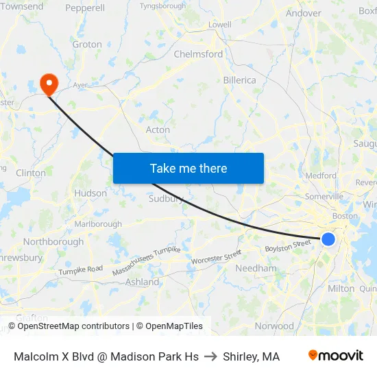 Malcolm X Blvd @ Madison Park Hs to Shirley, MA map