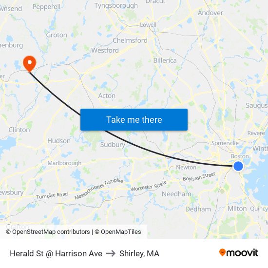 Herald St @ Harrison Ave to Shirley, MA map