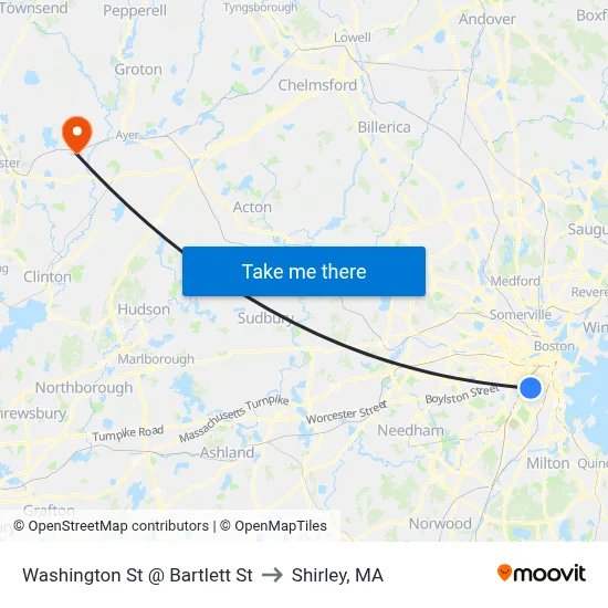 Washington St @ Bartlett St to Shirley, MA map