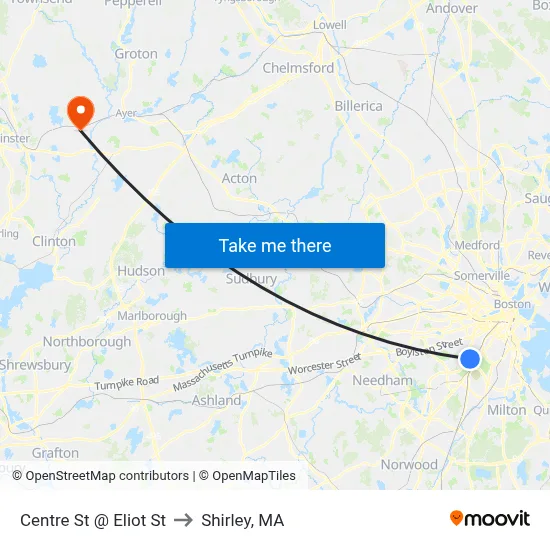 Centre St @ Eliot St to Shirley, MA map