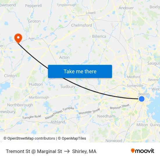 Tremont St @ Marginal St to Shirley, MA map