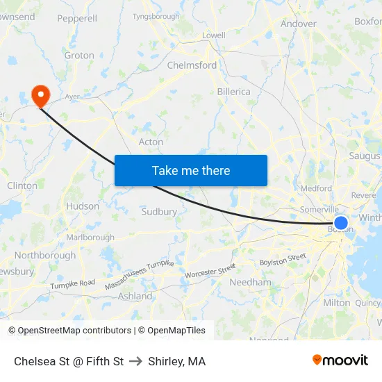 Chelsea St @ Fifth St to Shirley, MA map