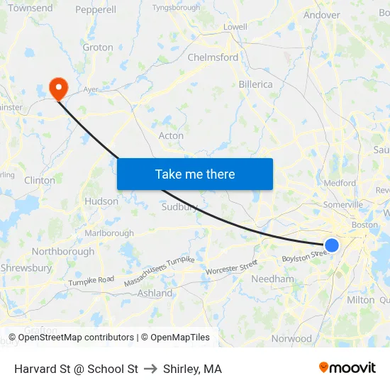 Harvard St @ School St to Shirley, MA map