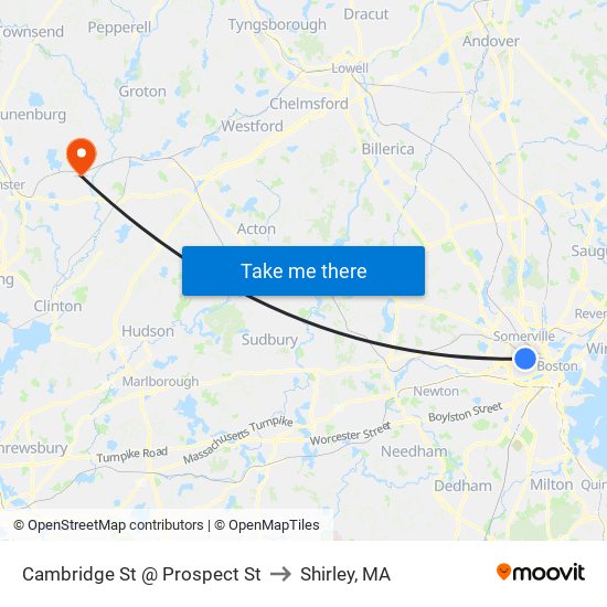 Cambridge St @ Prospect St to Shirley, MA map