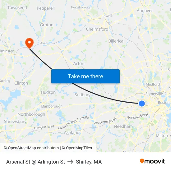 Arsenal St @ Arlington St to Shirley, MA map