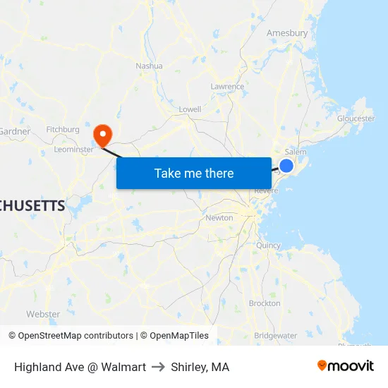 Highland Ave @ Walmart to Shirley, MA map