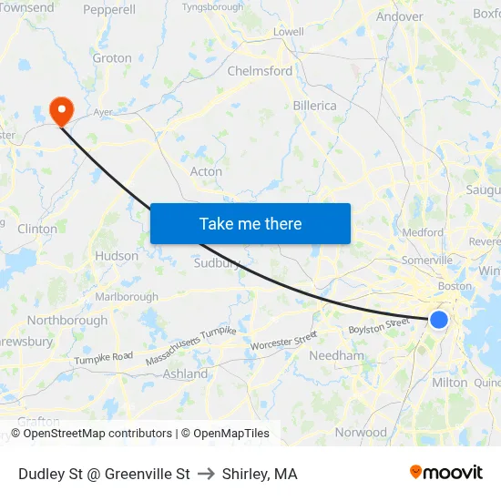 Dudley St @ Greenville St to Shirley, MA map