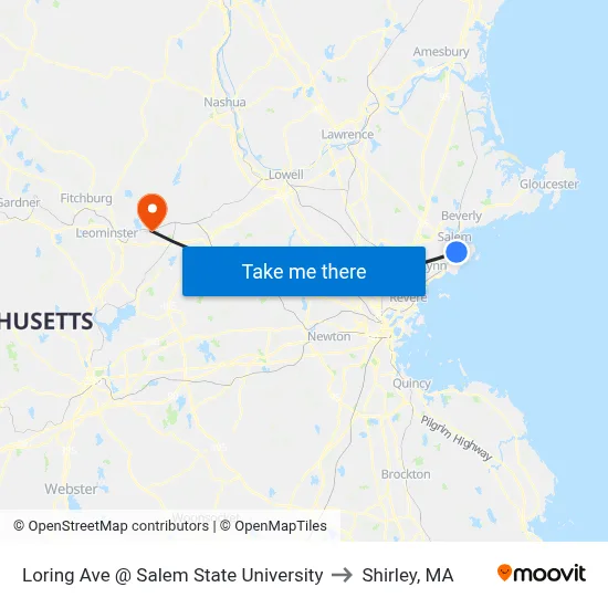 Loring Ave @ Salem State University to Shirley, MA map