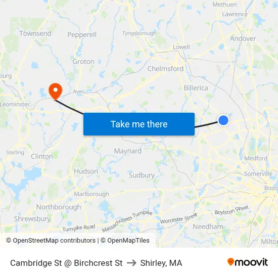 Cambridge St @ Birchcrest St to Shirley, MA map