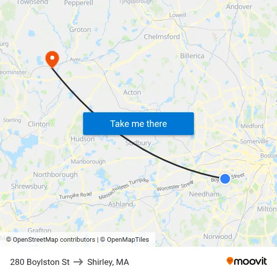 280 Boylston St to Shirley, MA map