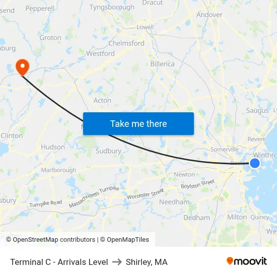 Terminal C - Arrivals Level to Shirley, MA map