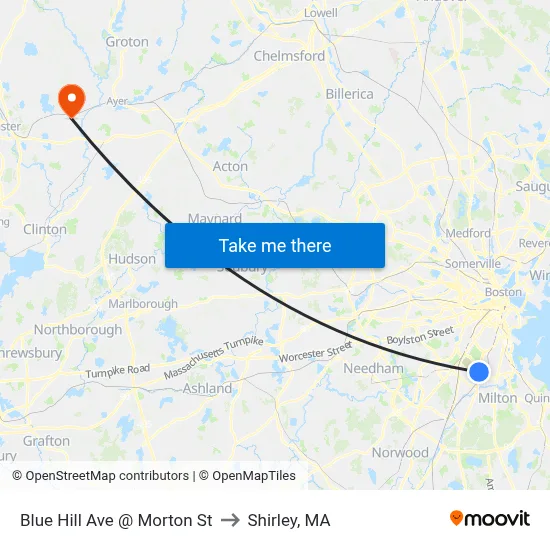 Blue Hill Ave @ Morton St to Shirley, MA map