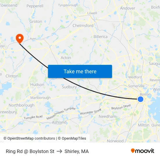 Ring Rd @ Boylston St to Shirley, MA map