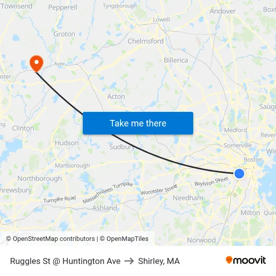 Ruggles St @ Huntington Ave to Shirley, MA map