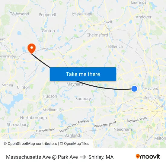 Massachusetts Ave @ Park Ave to Shirley, MA map