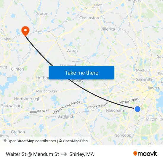 Walter St @ Mendum St to Shirley, MA map
