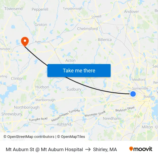Mt Auburn St @ Mt Auburn Hospital to Shirley, MA map