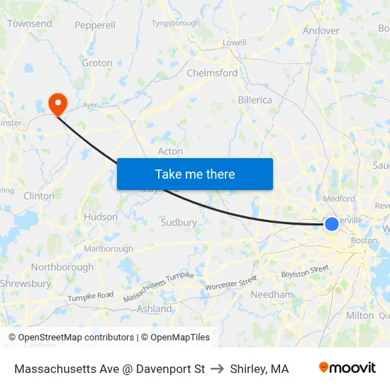 Massachusetts Ave @ Davenport St to Shirley, MA map