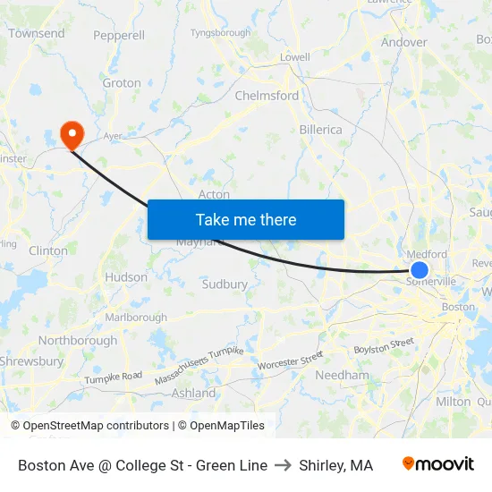 Boston Ave @ College St - Green Line to Shirley, MA map