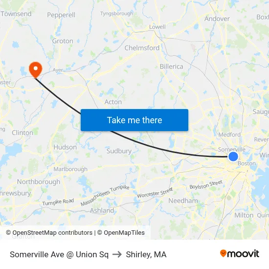 Somerville Ave @ Union Sq to Shirley, MA map