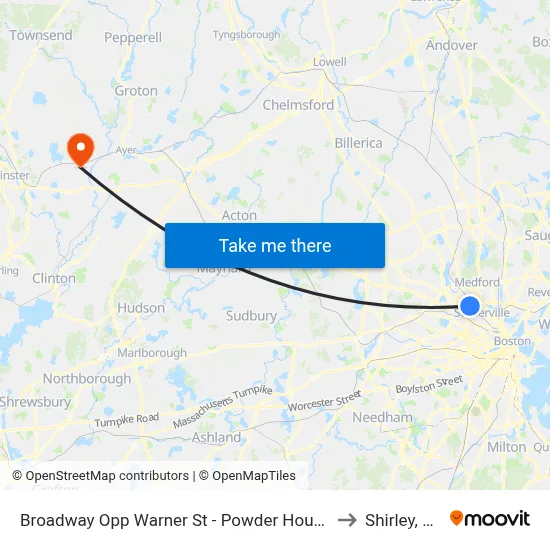 Broadway Opp Warner St - Powder House Sq to Shirley, MA map