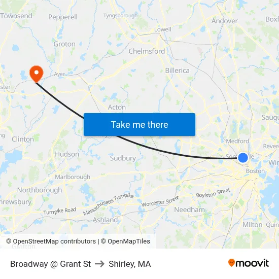 Broadway @ Grant St to Shirley, MA map