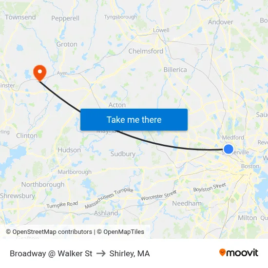 Broadway @ Walker St to Shirley, MA map