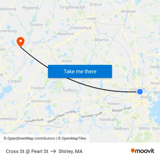 Cross St @ Pearl St to Shirley, MA map