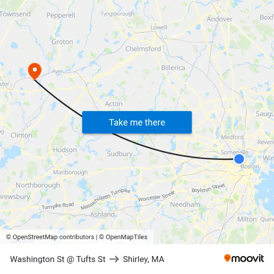 Washington St @ Tufts St to Shirley, MA map
