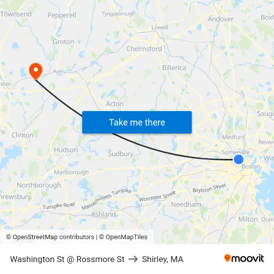 Washington St @ Rossmore St to Shirley, MA map