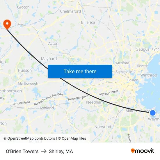 O'Brien Towers to Shirley, MA map