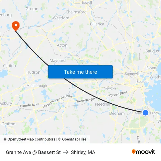 Granite Ave @ Bassett St to Shirley, MA map