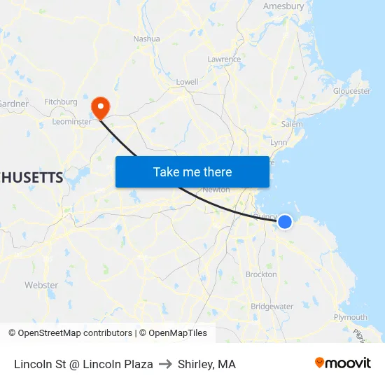 Lincoln St @ Lincoln Plaza to Shirley, MA map