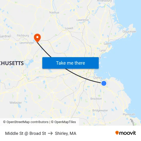 Middle St @ Broad St to Shirley, MA map