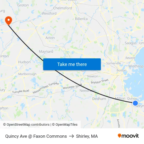 Quincy Ave @ Faxon Commons to Shirley, MA map