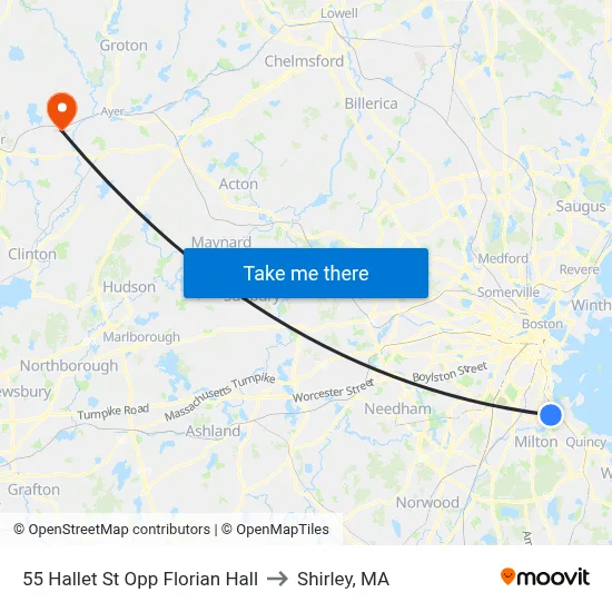 55 Hallet St Opp Florian Hall to Shirley, MA map