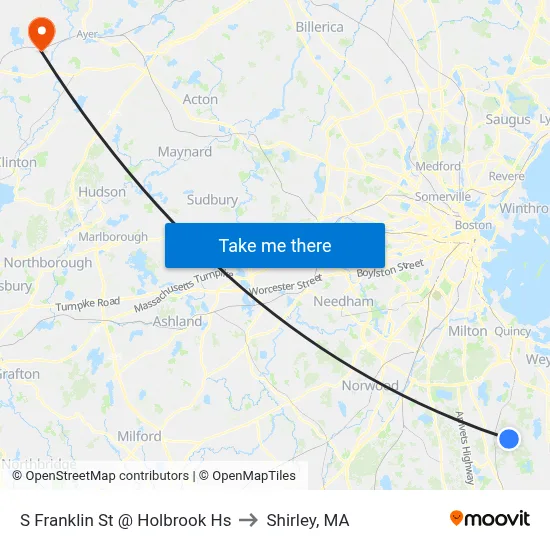 S Franklin St @ Holbrook Hs to Shirley, MA map