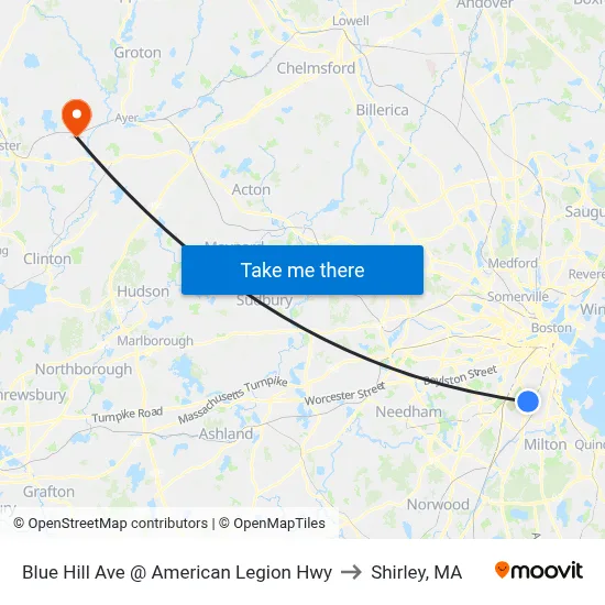 Blue Hill Ave @ American Legion Hwy to Shirley, MA map