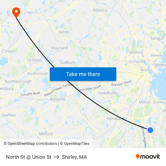 North St @ Union St to Shirley, MA map