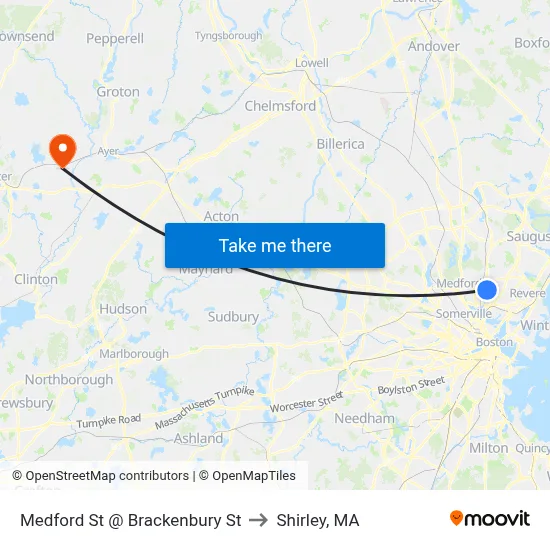 Medford St @ Brackenbury St to Shirley, MA map