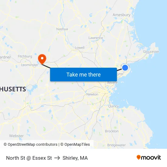 North St @ Essex St to Shirley, MA map