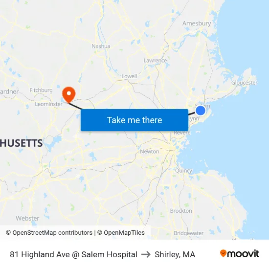 81 Highland Ave @ Salem Hospital to Shirley, MA map