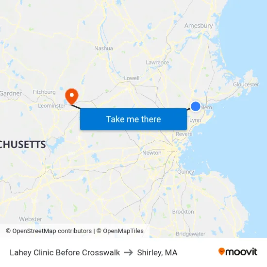 Lahey Clinic Before Crosswalk to Shirley, MA map