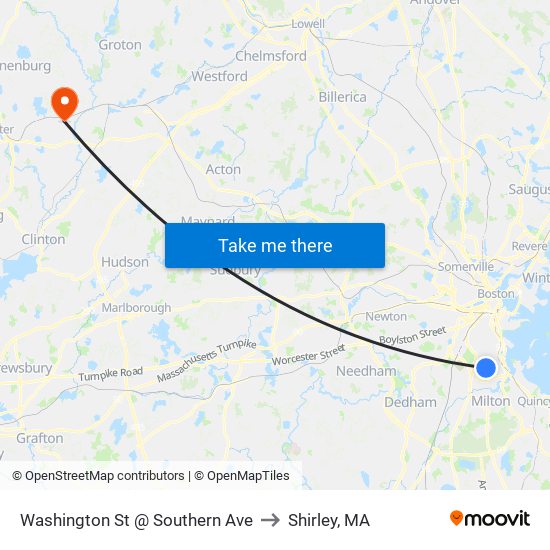 Washington St @ Southern Ave to Shirley, MA map