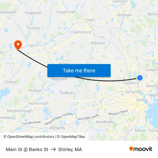 Main St @ Banks St to Shirley, MA map