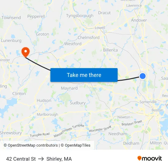 42 Central St to Shirley, MA map