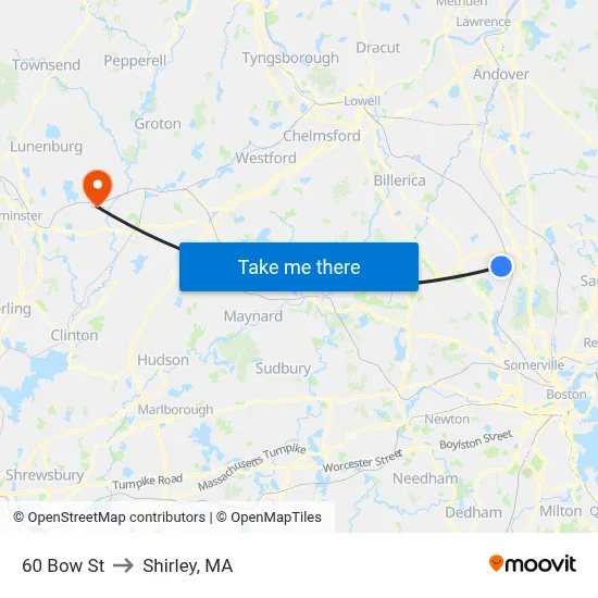 60 Bow St to Shirley, MA map