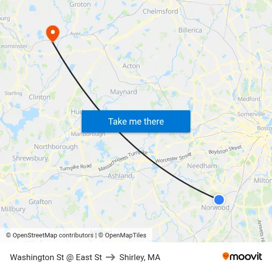 Washington St @ East St to Shirley, MA map