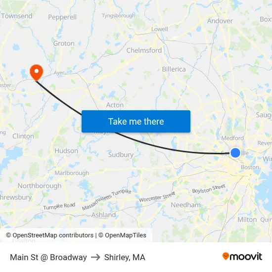 Main St @ Broadway to Shirley, MA map