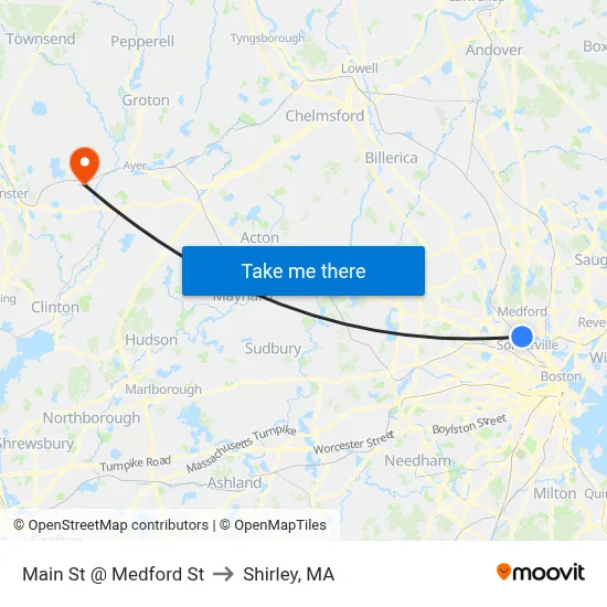 Main St @ Medford St to Shirley, MA map